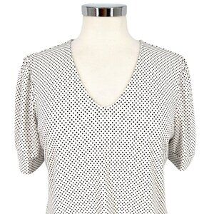 Adrianna Papell Polka Dot Puff Sleeve V-Neck Blouse White Black Size Small